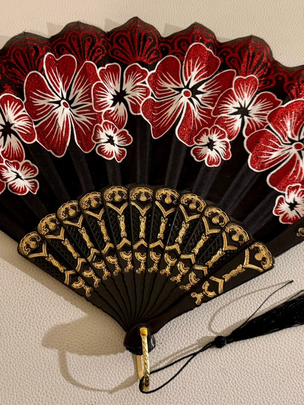 Black Red Floral Folding Hand Fan Glitter Lace Tassel Dance Festival Flamenco - Picture 2 of 16